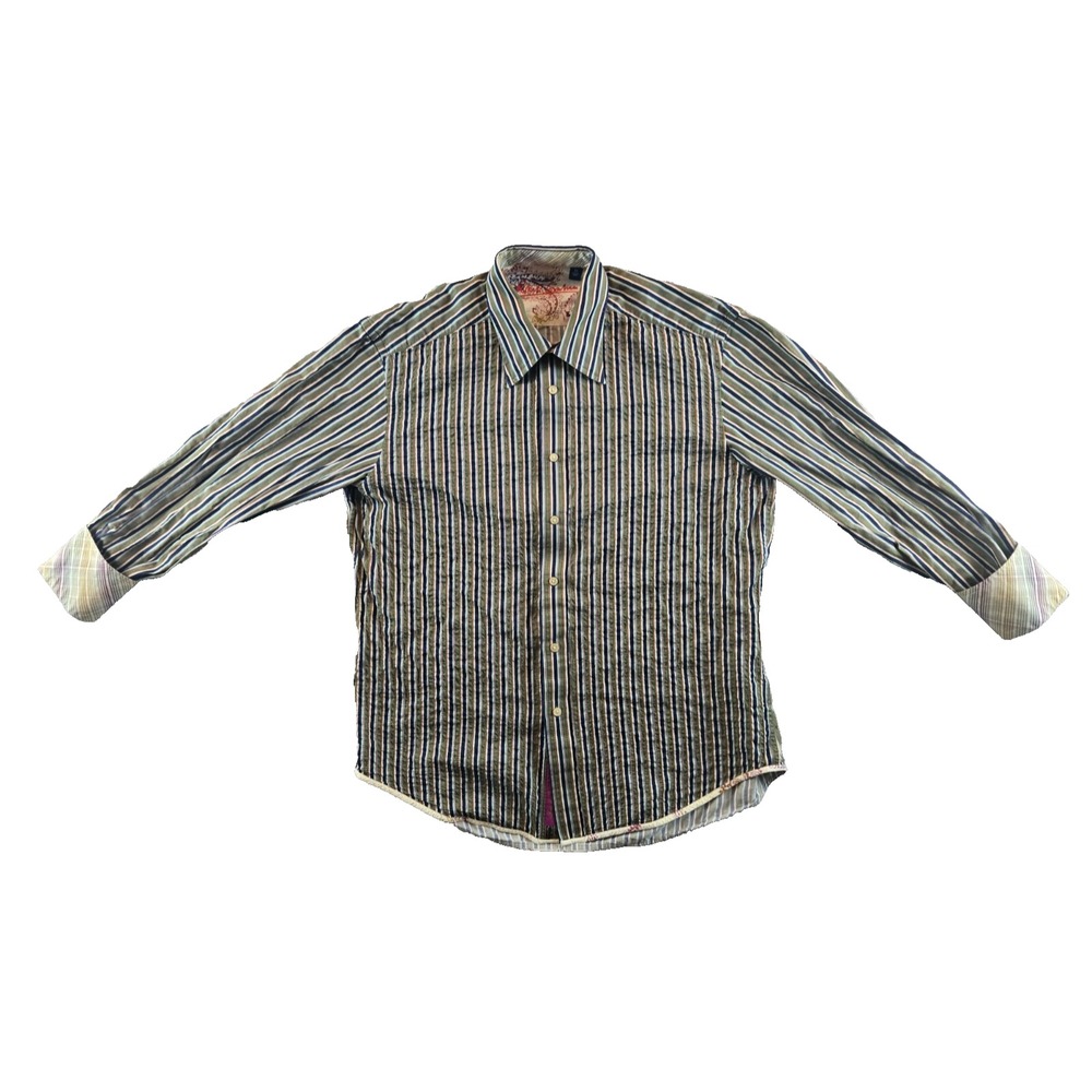 Robert Graham Flip Cuff Embroidered Striped Olive Blue Mens Long Sleeve Shirt XL